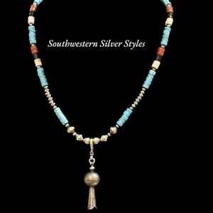 Southwest Sterling Silver Navajo Pearls Turquoise Squash Blossom Necklace